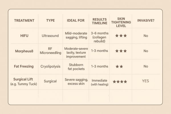 Table showing the comparisons of Skin tightening West Norwood treatment options.